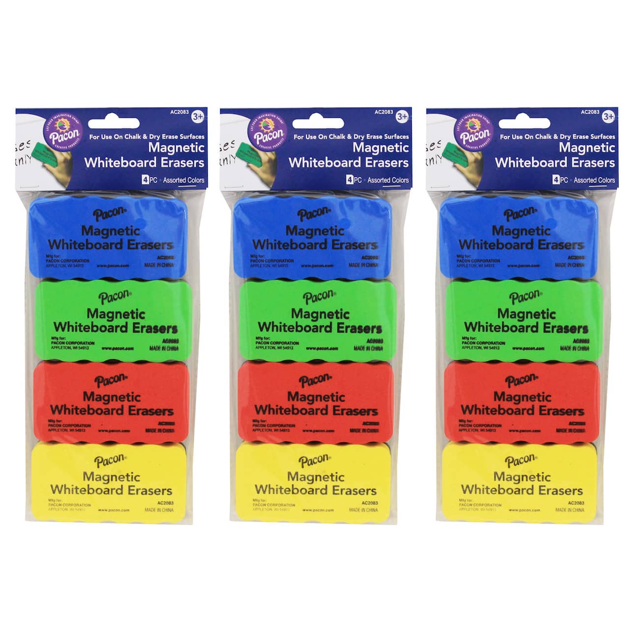 Pacon® Magnetic Chalk & Whiteboard Eraser, 3 Packs of 4